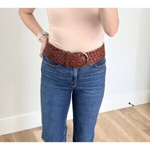 Vintage Y2K Braided Leather Belt Small 28-38 Brown Chunky Statement Brass Buckle